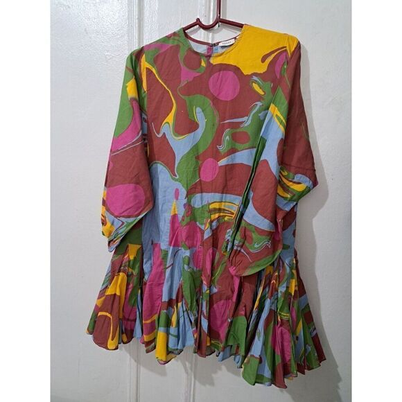 Rhode Resort Flare Mini Dress Womens Small Green Pink Watercolor Floral Artist - Picture 1 of 8